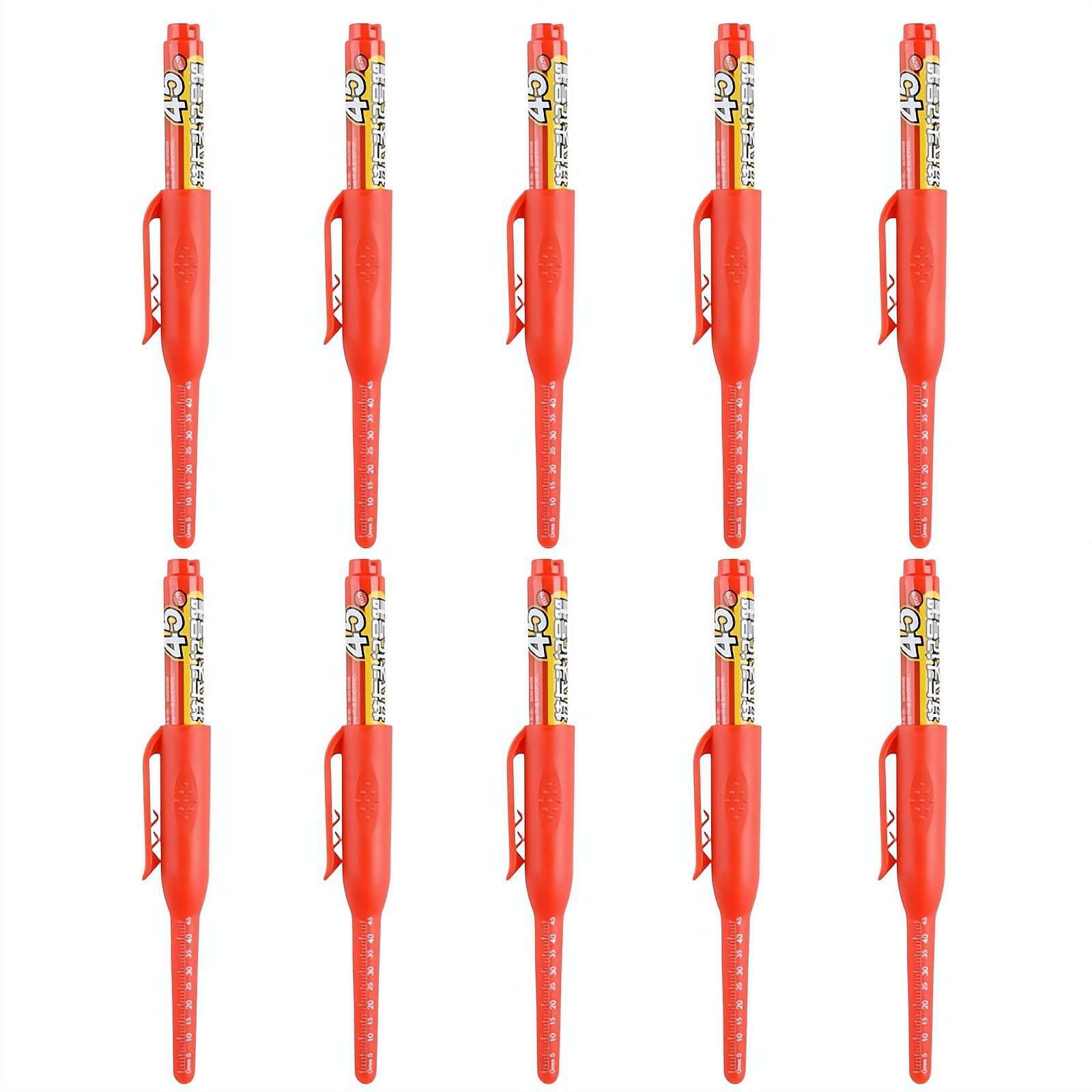 10Pcs Red Long Nib Deep Hole Marker Pen 45mm Tip, Refillable Long-lasting Oil-based Permanent Markers, Waterproof Carpenter Pen for Measuring,Marking,Construction,Drywall,Woodworking & Plumbing