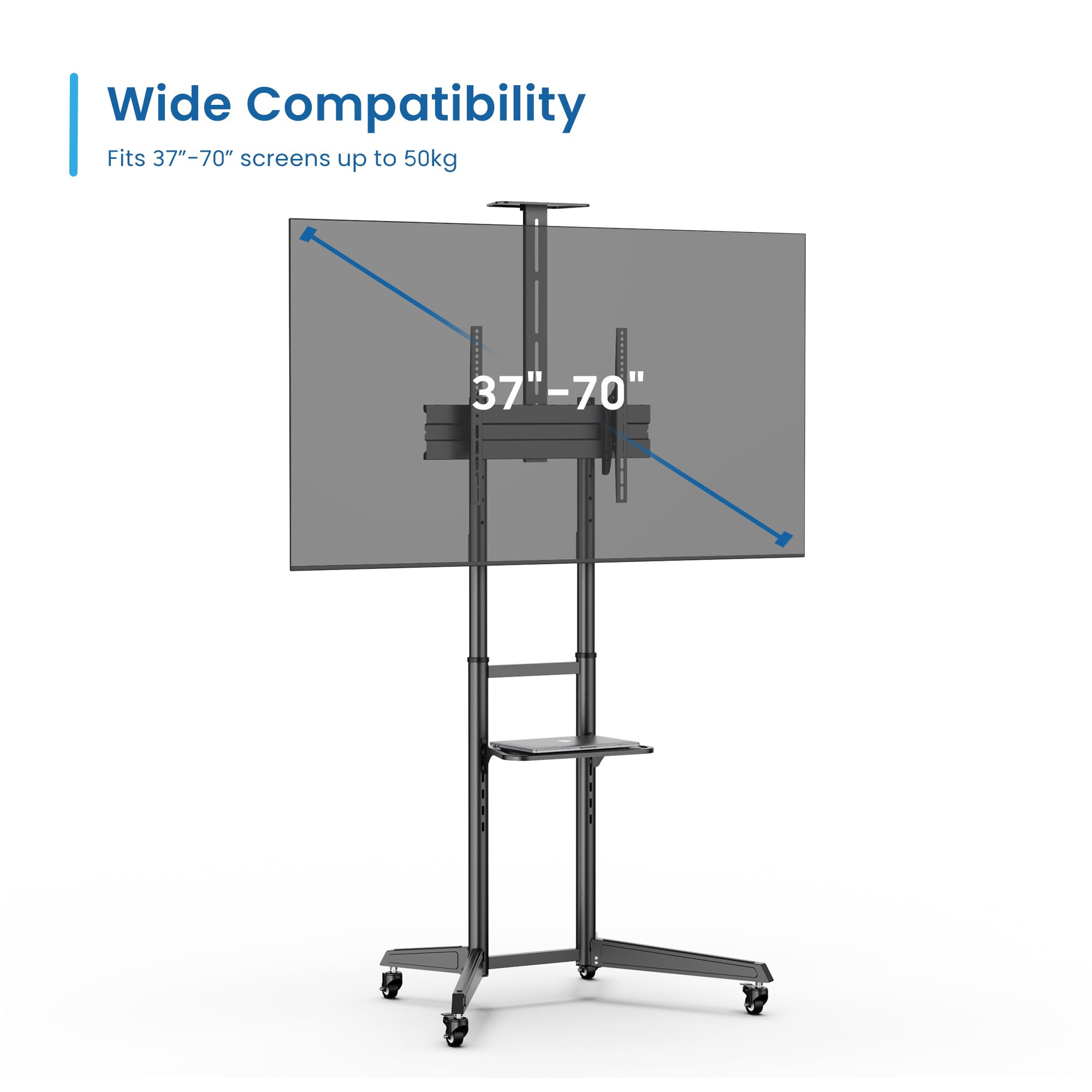 Soporte de TV de Pie con Ruedas Ewent, Carro para Televisores de 37-70" Máx.50kg, Soporte de TV Ajustable, Inclinable y Móvil,Máx. VESA 600x400mm, Gestión de Cables, con Estante y Base para Habitación