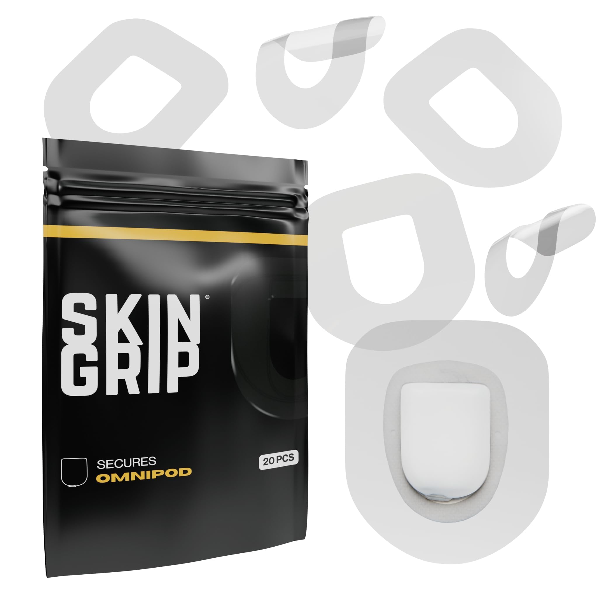 SKIN GRIP Insulet Omnipod Adhesive Patch 20-Pack | Pre-Cut CGM Patches | Premium Continuous Glucose Monitor Protection | Waterproof Tape (Clear)