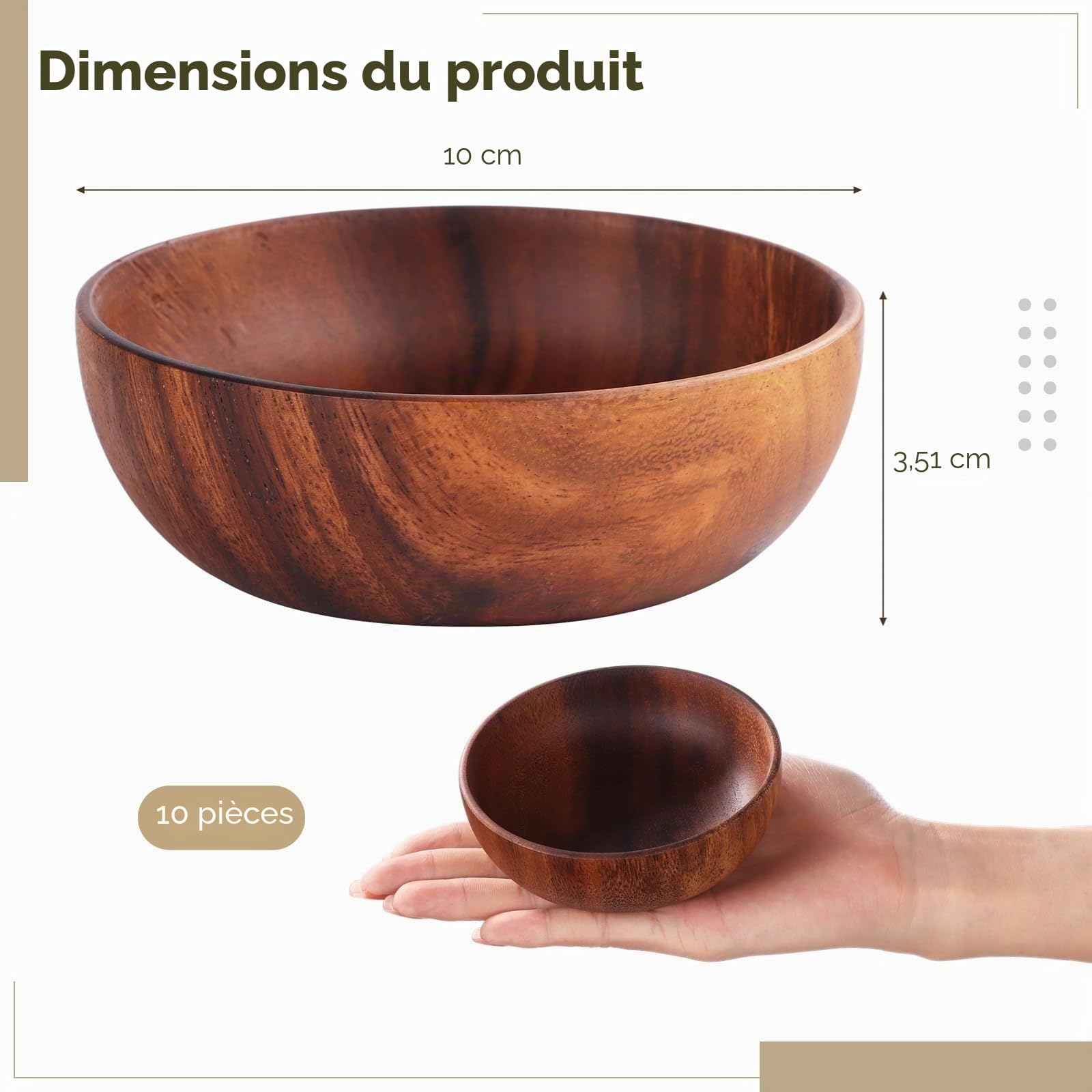 Lot de 10 bols ronds en bois d'acacia fabriqués à la main, parfaits pour salade, sauces, apéritifs, condiments, noix, bonbons et céréales, plateau de service