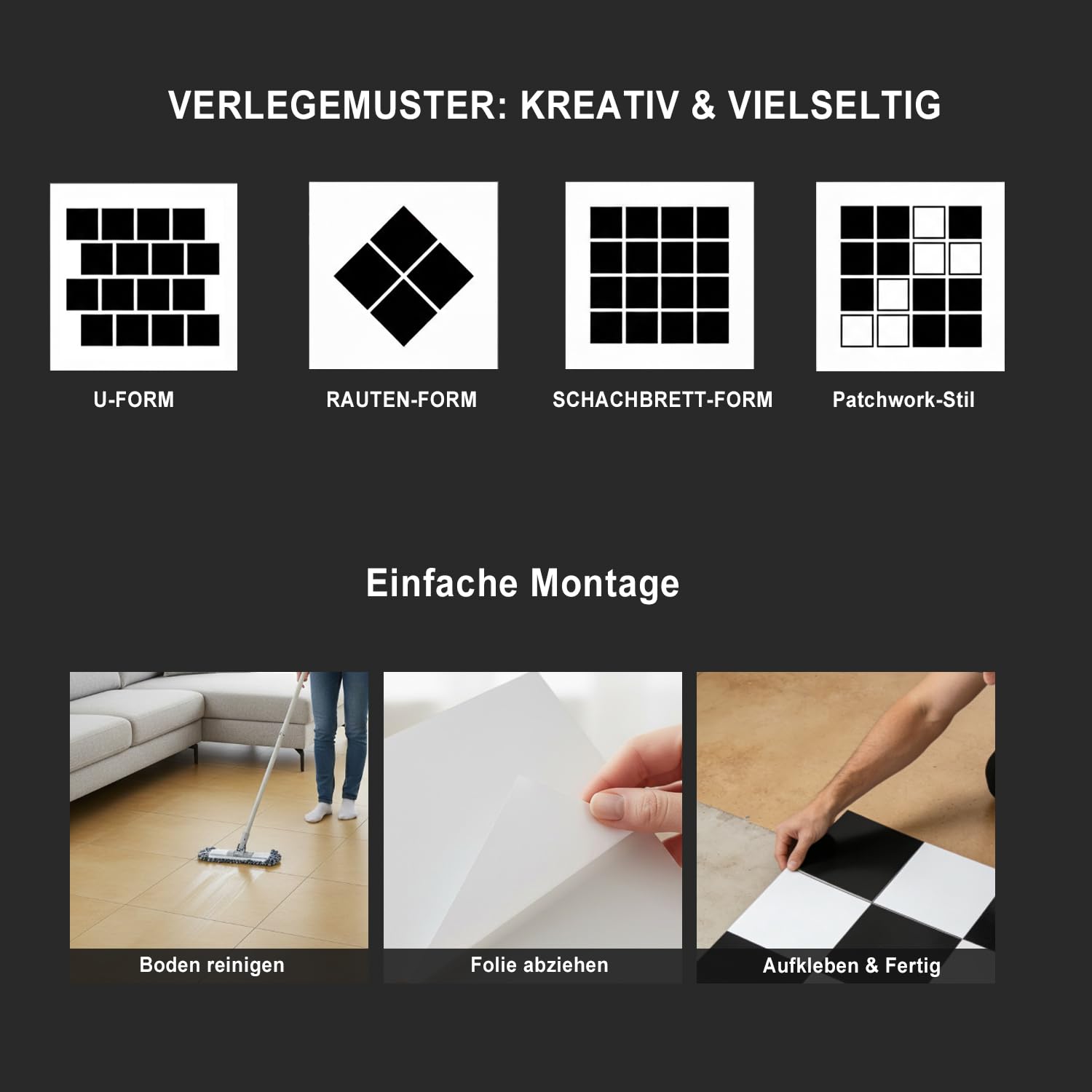 Selbstklebende PVC Bodenfliesen 30x30 cm - Schachbrettmuster Schwarz Weiß Bodenbelag - Wasserdichter & Rutschfester Vinylboden Belag (0.55 mm) - Für Küche, Bad, Wohnzimmer Klebefliesen 50 Fliesen