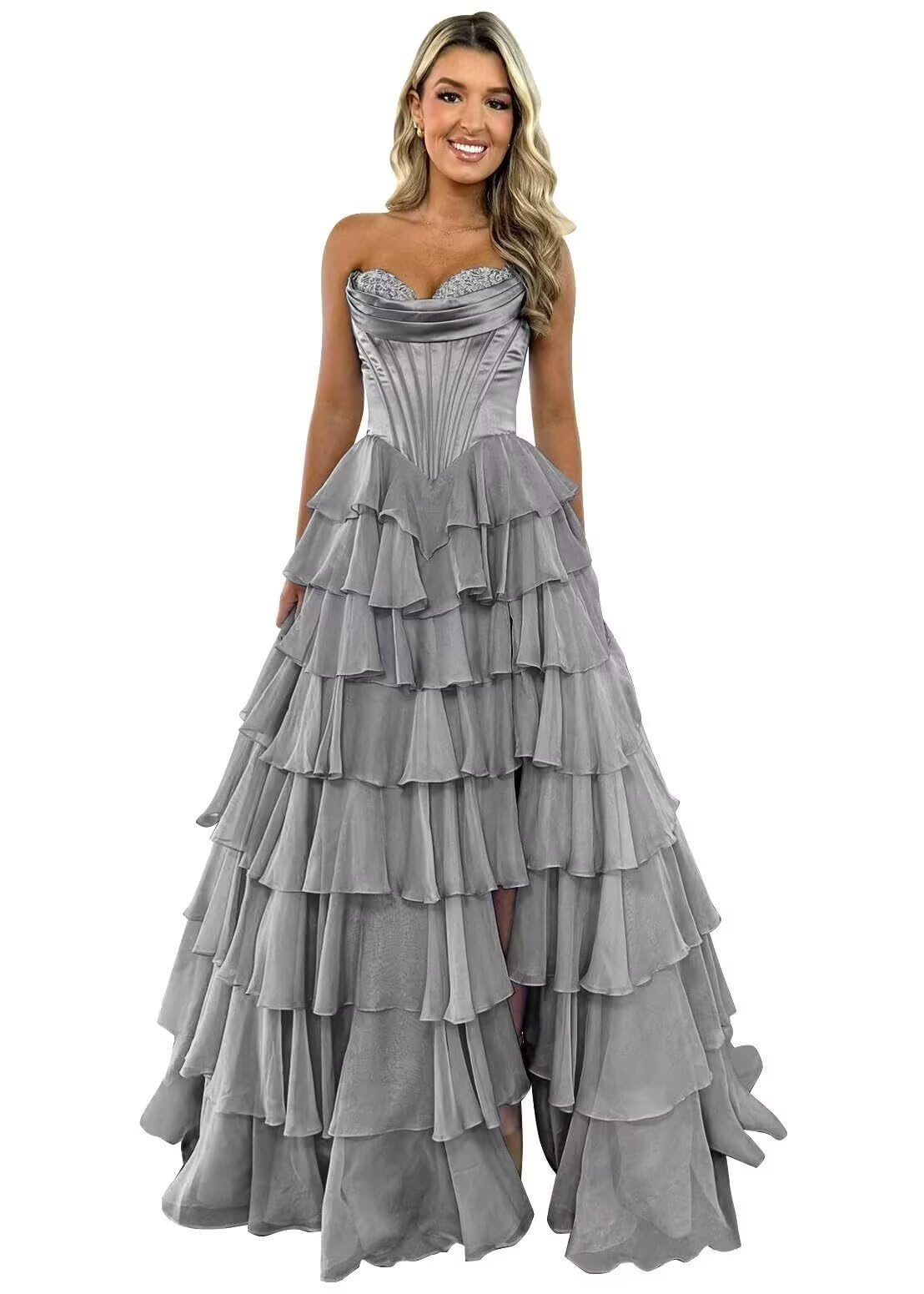 GATMAHE Tulle Floral Prom Dresses for Teens 2025 Tiererd Long Ball Gown Strapless Sweetheart Formal Evening Gowns with Slit