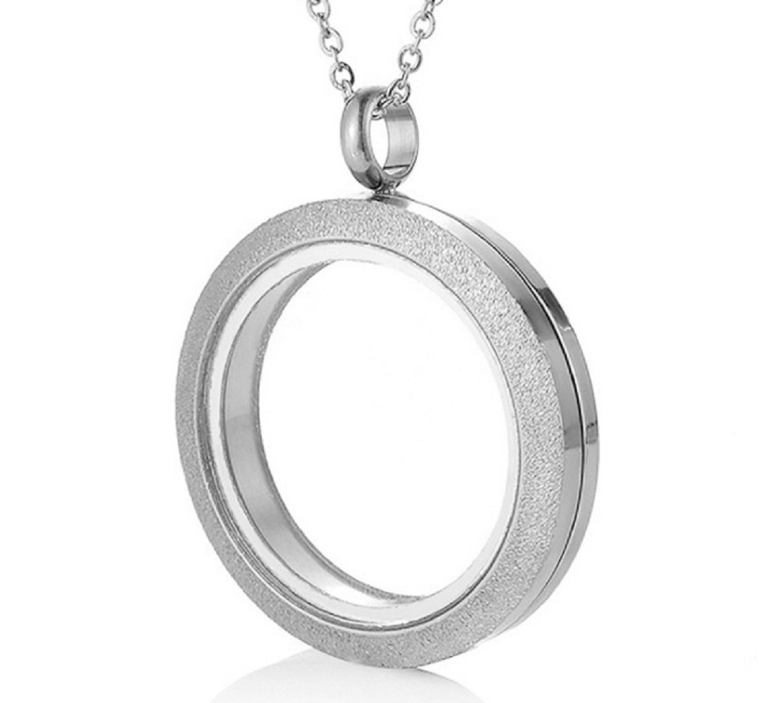 30MM Silver Matte Stainless Steel Round Living Floating Charm Memory Locket Pendant Necklace with 22 Inches Chain
