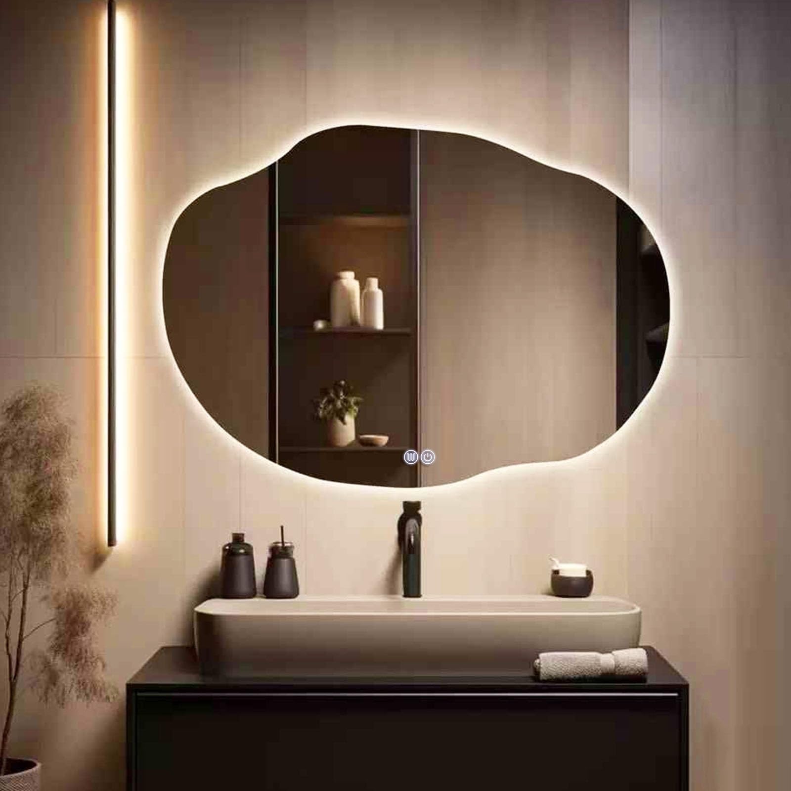 SXFSDOU LED-illuminated Anti-fog Bathroom Mirror, Dimmable with Smart Touch Controls, Irregular Asymmetrical Design, Vertical/Horizontal Mounting