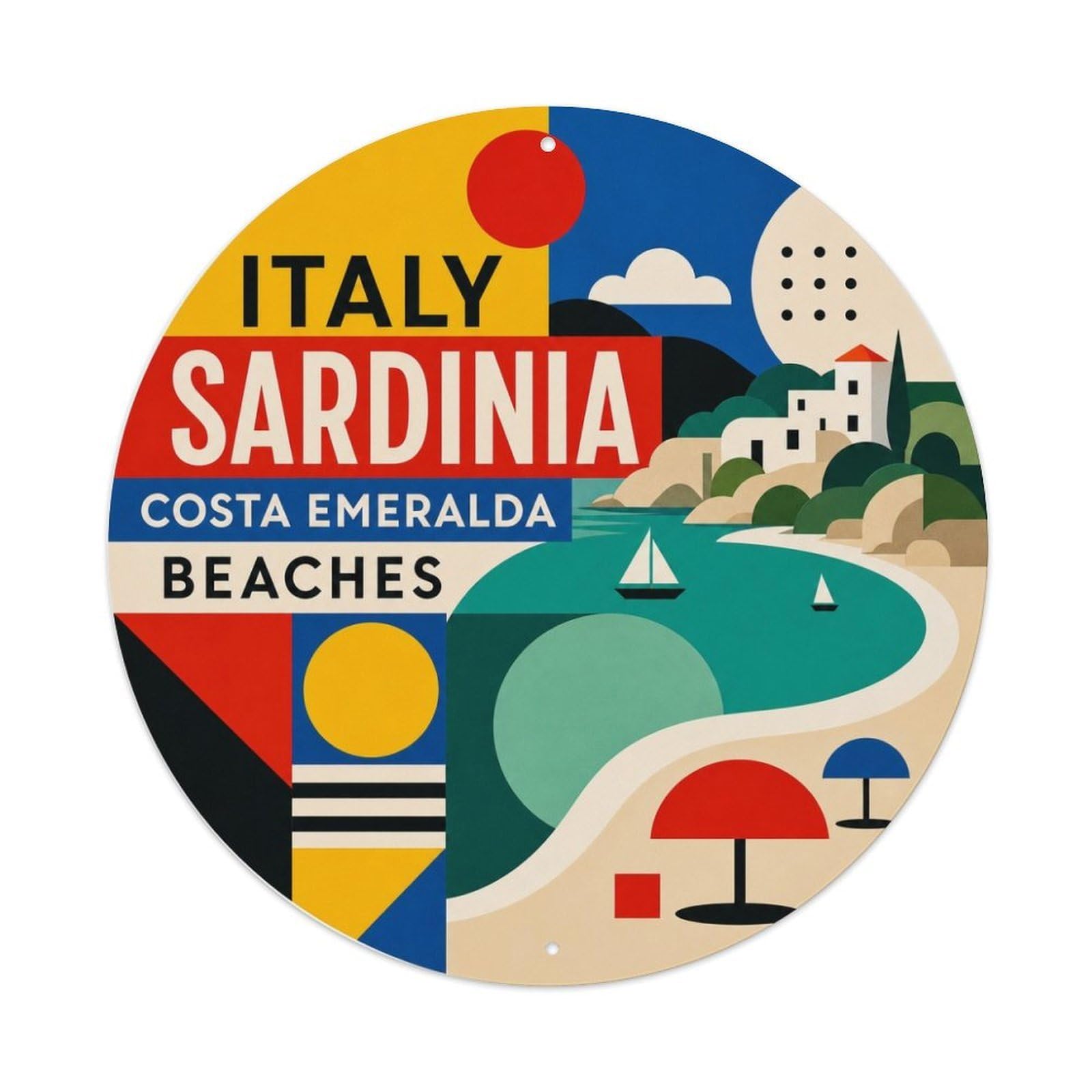 Italy Sardinia Costa Emeralda Geometric Harbor Landmark Metal Tin Sign Plaque Wall Decor for Cafe, Man Cave, Club Bar, Office, Home Garden Round Metal Poster 8x8Inch