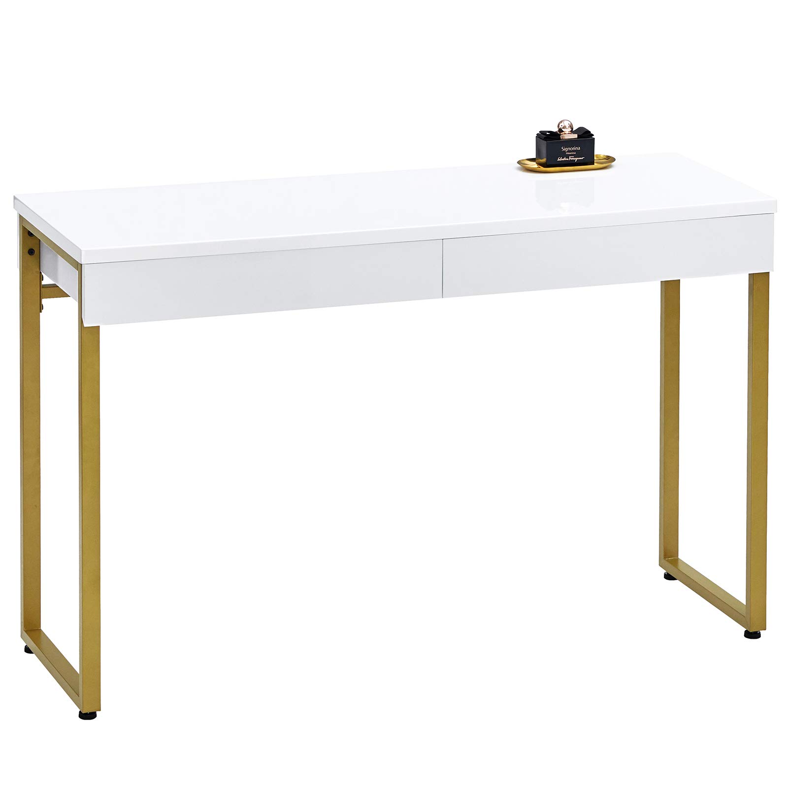 GreenForest Vanity Desk with 2 Drawers Glossy White 39.4 inch Modern Makeup Dressing Computer Writing Console Table with Metal Bronze Legs