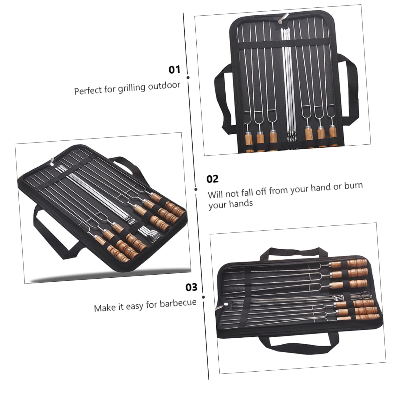 BESTonZON Brochetas de Barbacoa con Mango de Madera Antióxido 10 de Acero Inoxidable y Bolsa de Almacenamiento para Uso en Exteriores y Vida Diaria