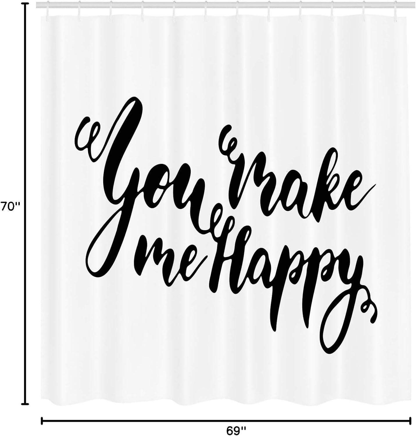 Lunarable You and Me Shower Curtain, You Make Me Happy Message Written in Contemporary Minimalist Style Print, Cloth Fabric Bathroom Decor Set with Hooks, 69" W x 70" L, Black and White