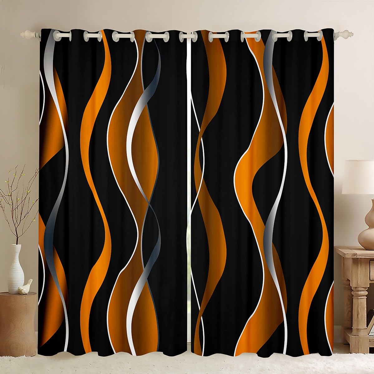 Ombre Striped Blackout Curtains(30%-50%) Orange Black Geometric Stripes Window Curtains for Kids Pastel Gradient Stripes Window Dreapes Swirl Lines Window Treatments W46*L72