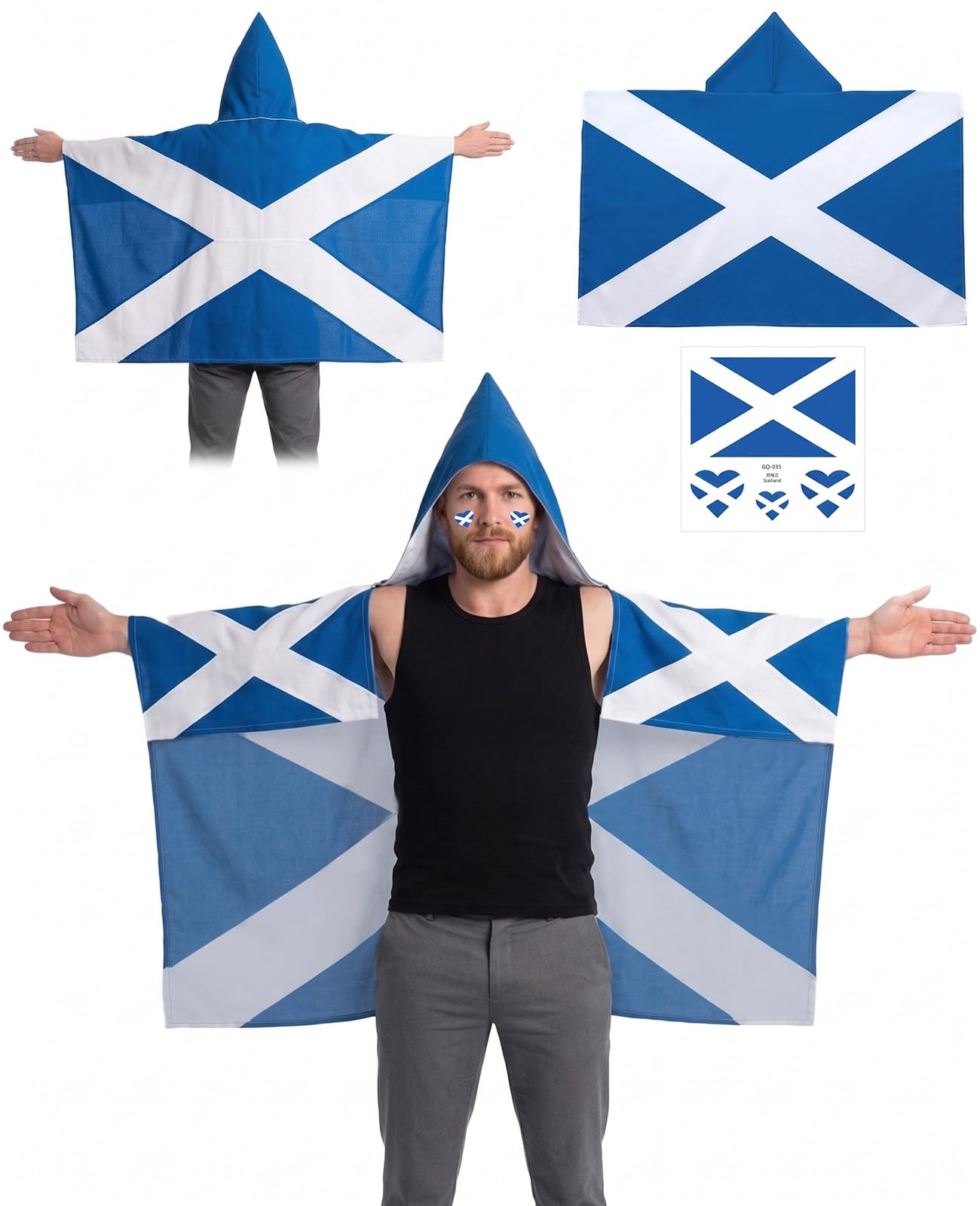 Guttiuaa 2 Pcs Scotland World Cup 2026 Merchandise Set, 5x3ft Wearable Scotland Flag Hooded Cape Poncho Face Stickers for Football Party