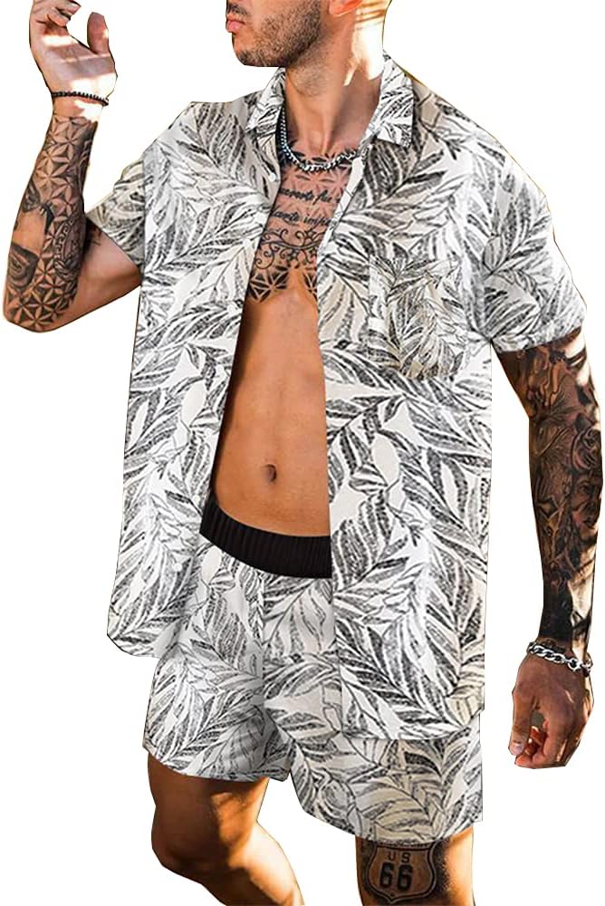BUYJYAMen's Flower Shirt Short 2 Piece Hawaiian Sets Casual Button Down Floral Tracksuit (M, WHITE-A)