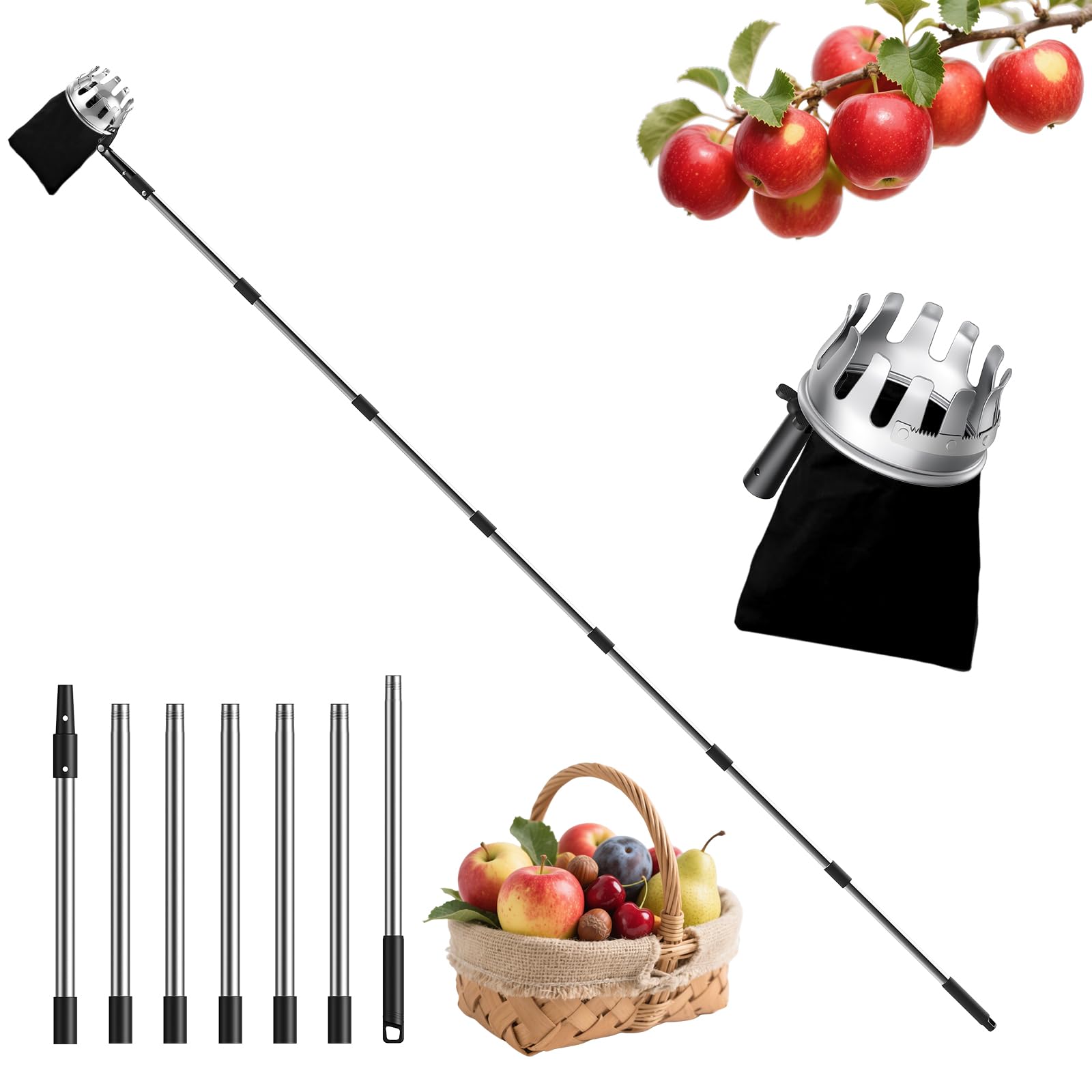FLORA GUARD Obstpflücker 2,9 m mit Pflücksack & integrierter Schneidklinge, teleskopischer Apfelpflücker für hohe Bäume, Obsternte ohne Leiter, für Äpfel, Kirschen, Mangos & Zitronen