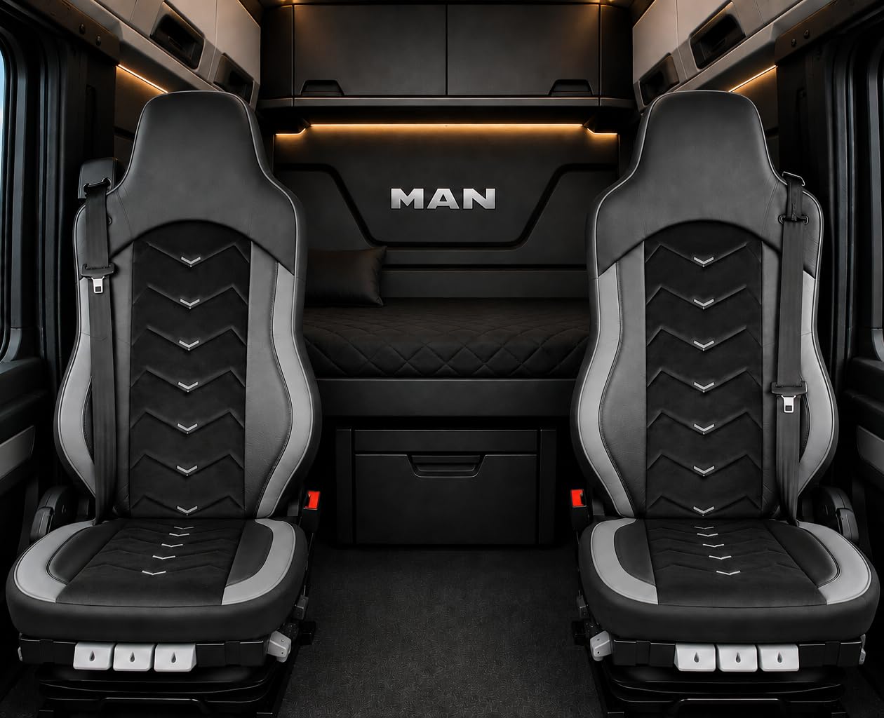 Generisch Fundas de asiento aptas para MAN TGX TGS TGM TGL 2015-2020 Camión 1+1 Piel/Alcantara, color negro con gris