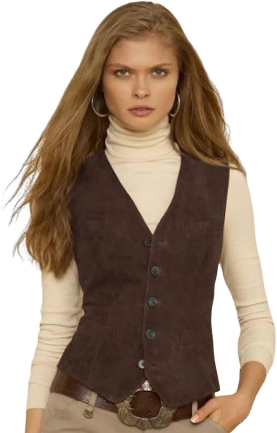 Women's Suede Button Up Vests Fully Lined Waistcoat V Neck Regular Fitted Sleeveless Jacket