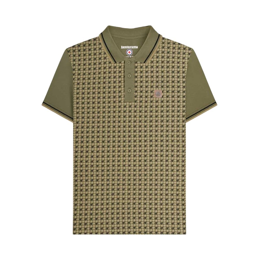 Lambretta Mens Houndstooth Short Sleeve Polo Shirt (UK, Alpha, 4XL, Regular, Regular, Khaki)