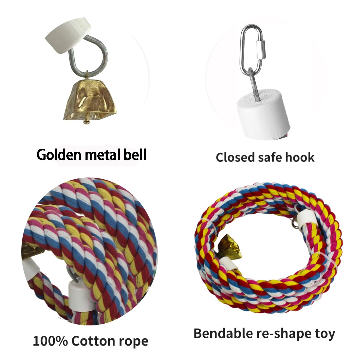 Lot de 2 cordes en spirale pour oiseaux de 200 cm avec clochette dorée - Jouets pour cage à oiseaux 100 % coton naturel - Perchoir à oiseaux - Jouets pour perroquet de taille normale à grande