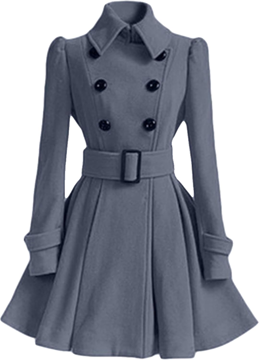 GRASWE Womens Winter Swing Pea Coat Lapel Long Sleeve Trench Jacket Double Breasted Wool Dress Coat with Belt