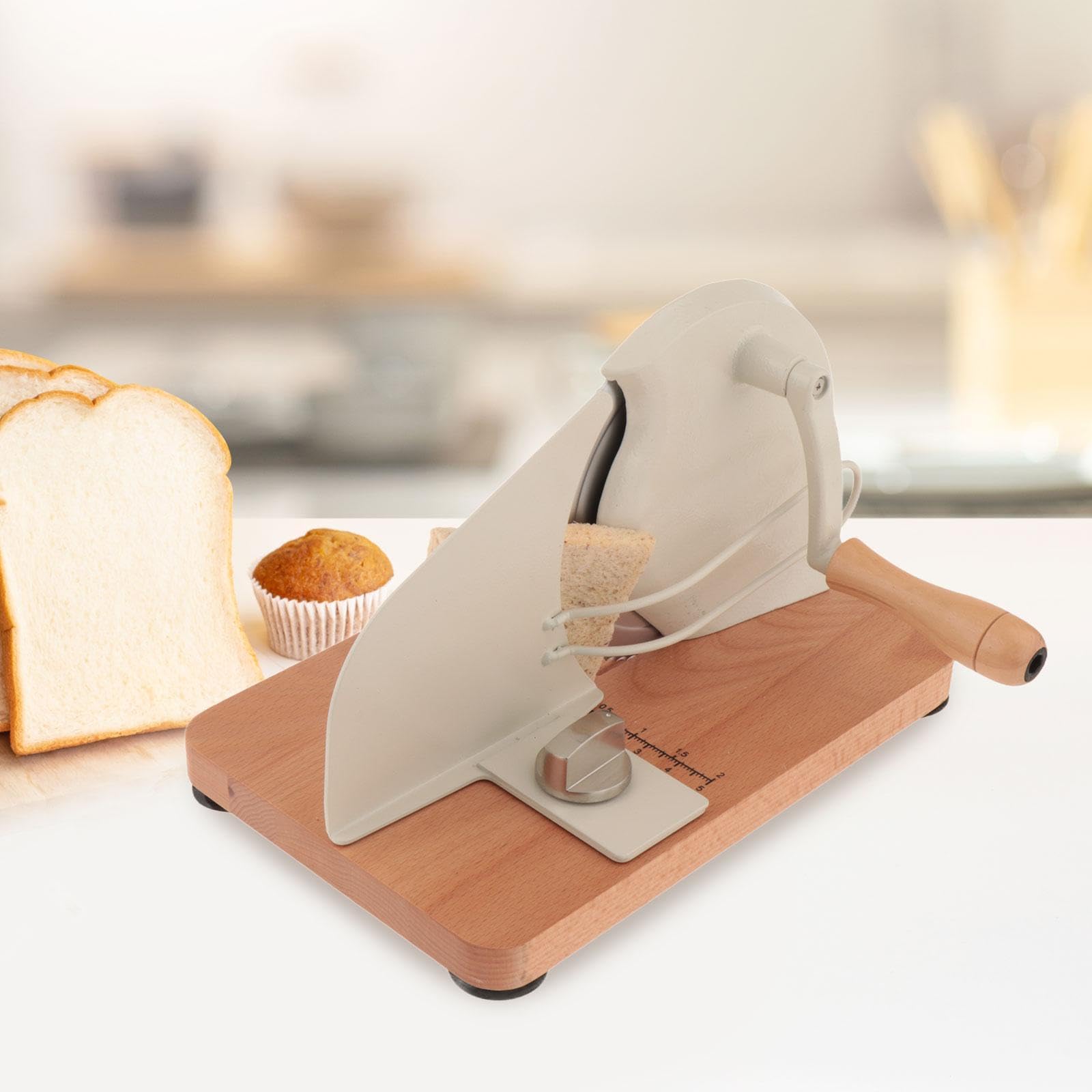 de Pan Manual Regulable en Grosor Equipado con Ventosas Antideslizantes Estructura de Acero Inoxidable Y Base de Madera Función de P, Blanco, Individual