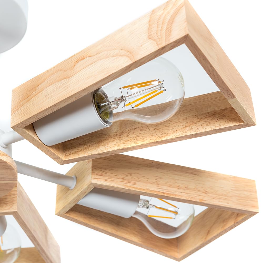 Żyrandol w salonie – LED sufitowa lampa z 6 białymi metalowymi gniazdami i drewnianą żaluzją – wisząca lampa na pręt – do domu i biura