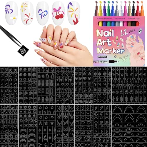 12 Colors Nail Art Pens Set + 14 Sheets Nail Stencils Waterproof and Quick-drying Fine Tip Nail Art Maker for DIY Nails Design Portable Nail Art Tools for Home Salon with Tweezers for Women & Girls