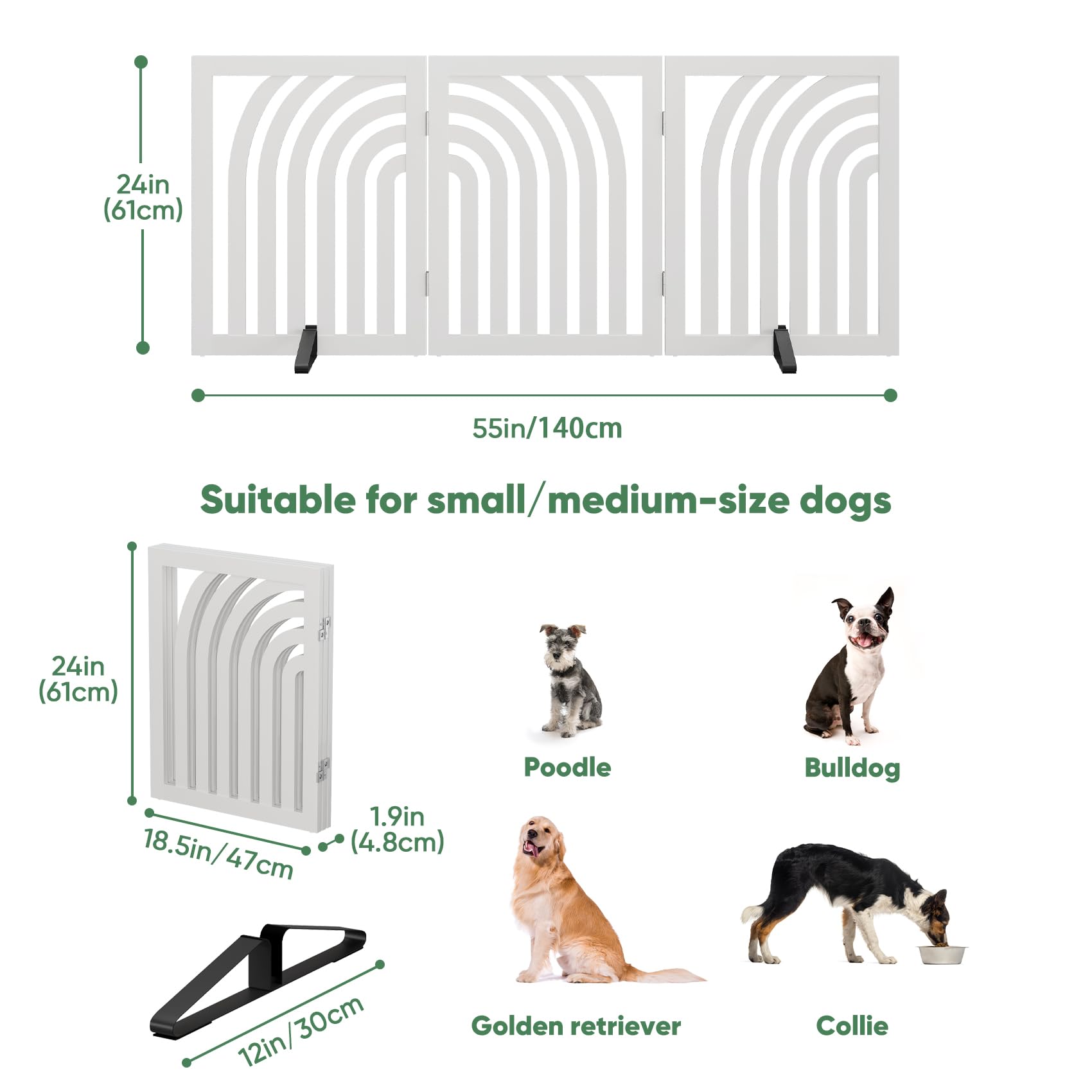 Hundegitter, Kurve, freistehende Hundegitter für Türen, 3 Paneele, Weiß