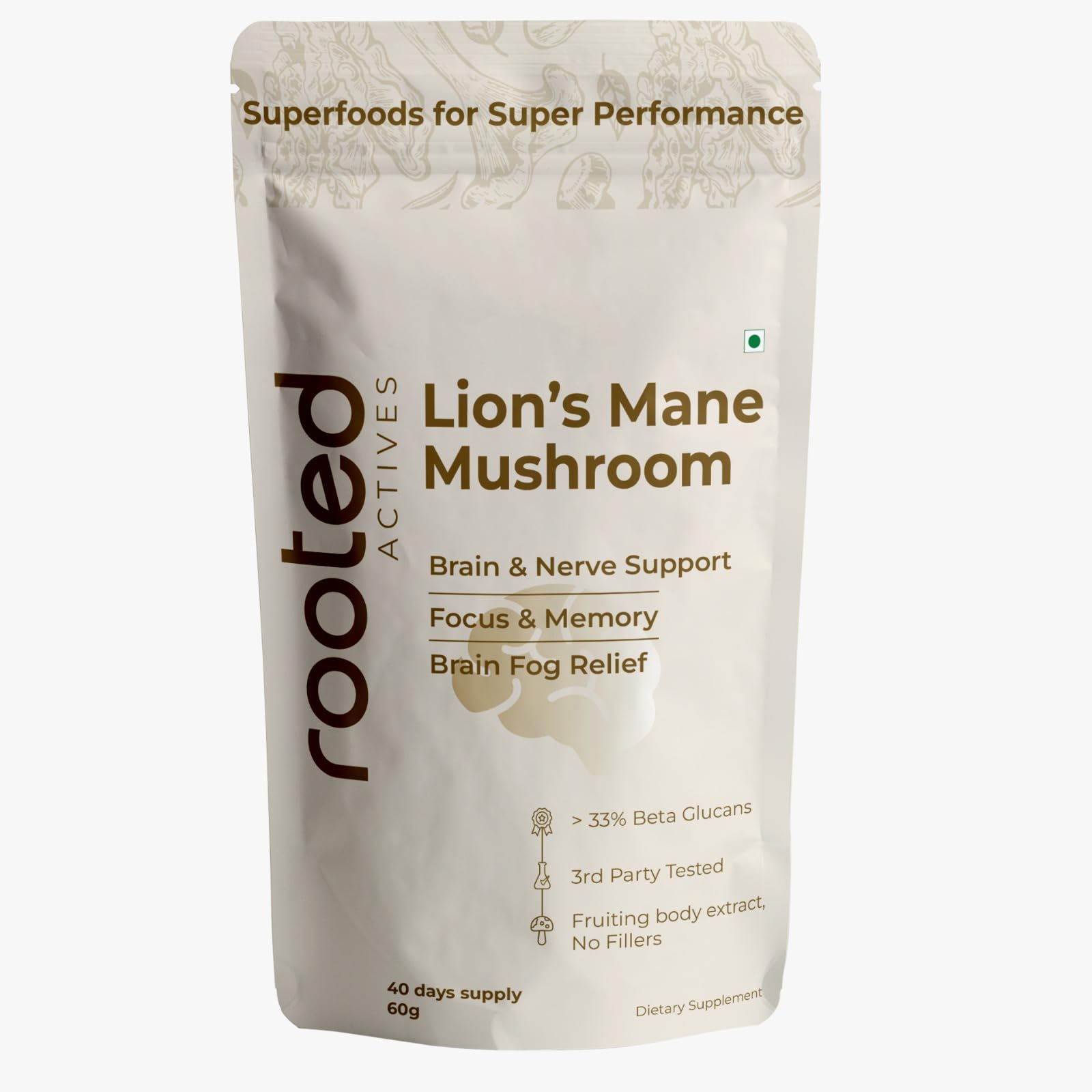 Rooted Actives Lion’s Mane Mushroom 60g | 33%+ Beta Glucans | 100% Fruiting Body Extract | Cognitive Support for Focus & Memory | Third Party Tested