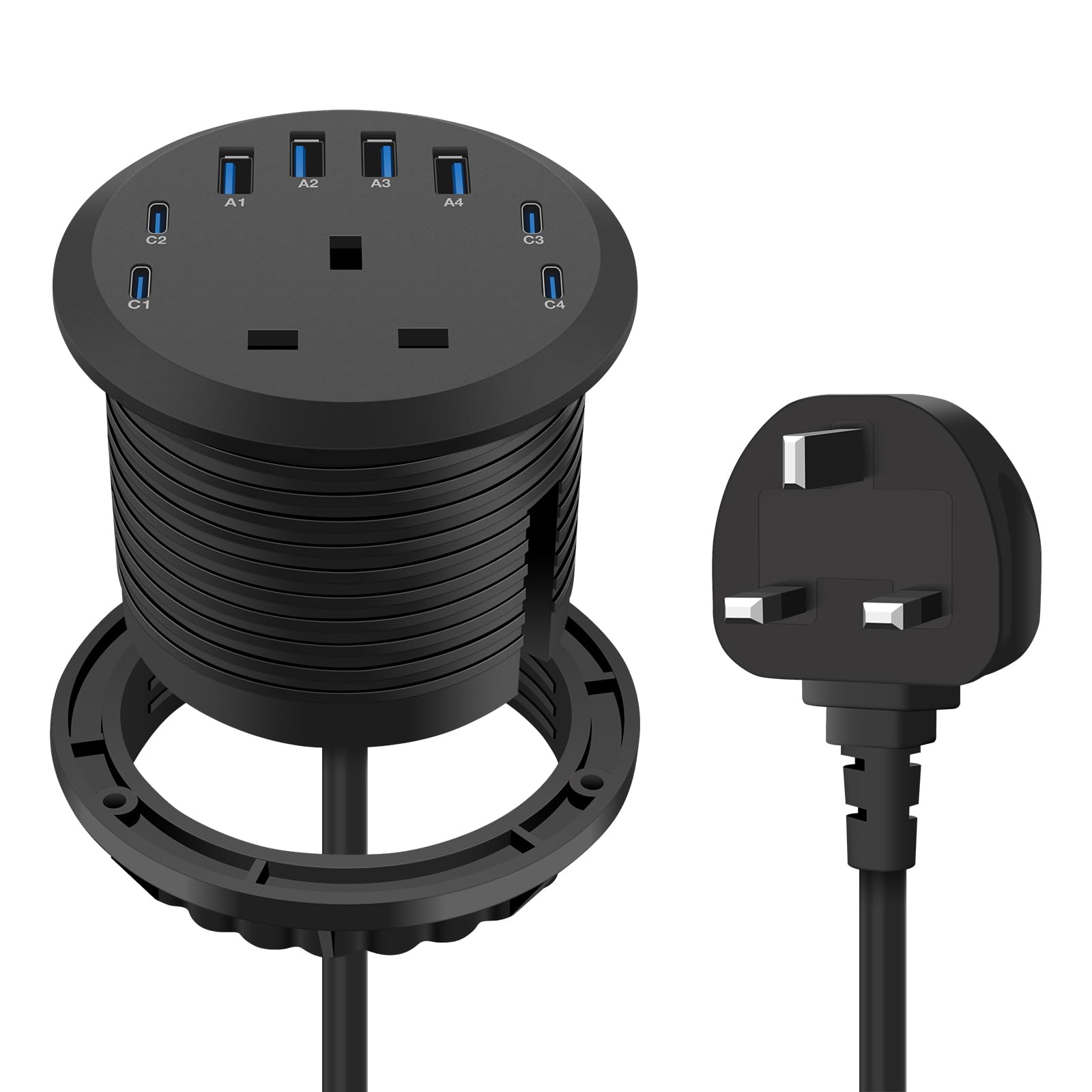 Recessed Power Grommet Socket, 65W Fast Charging USB-C Port - Flush-Mount for Desktop,Workspace Essential Desk Outlet (Black)