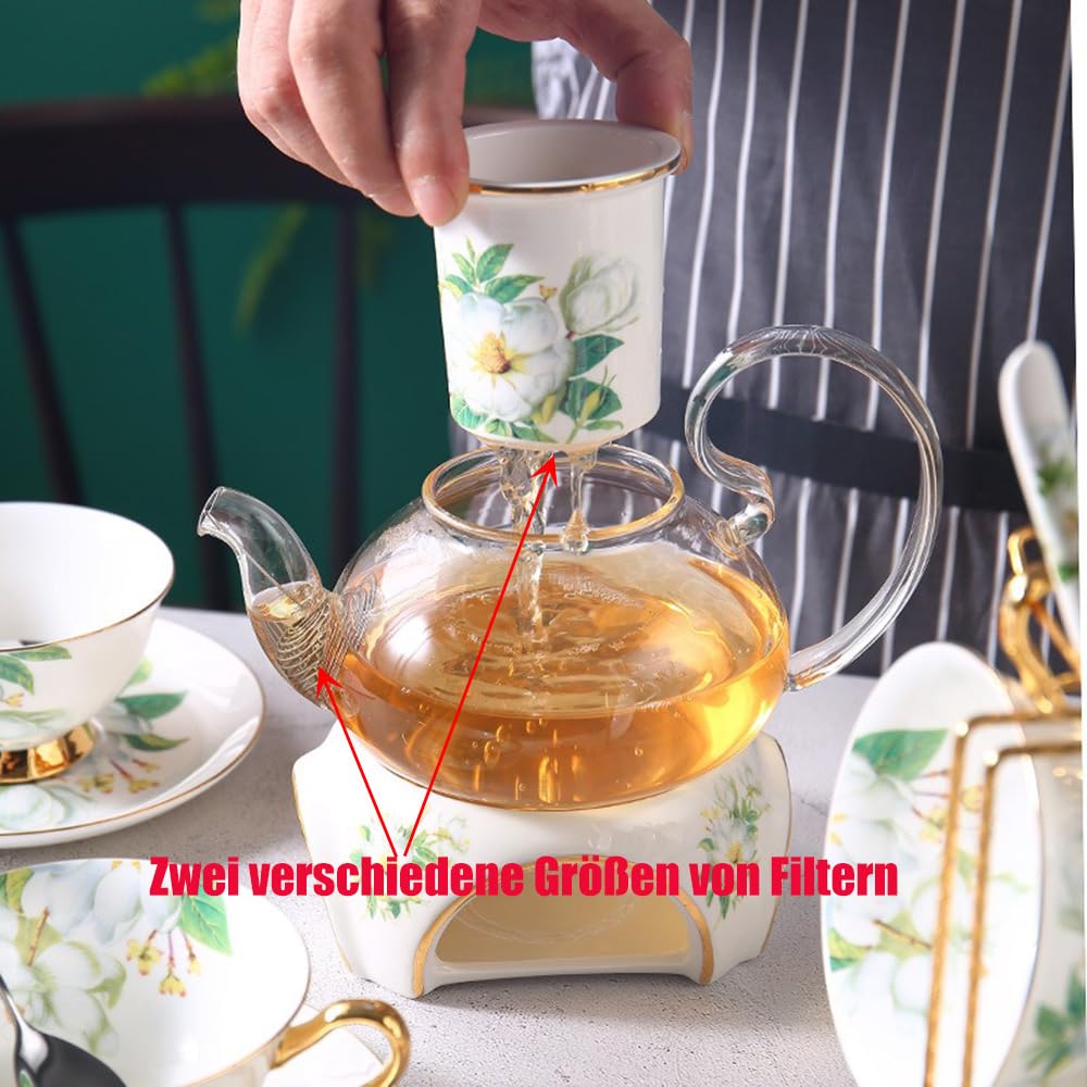 9 Stück Europäischen Blumen Tee Set,Muster Bone China Tee Set Service Kaffee Set, Beheizte Glas Teekanne, Für Geschenk Und Haushalt, Hochzeit (Kamelienblüten-Muster)