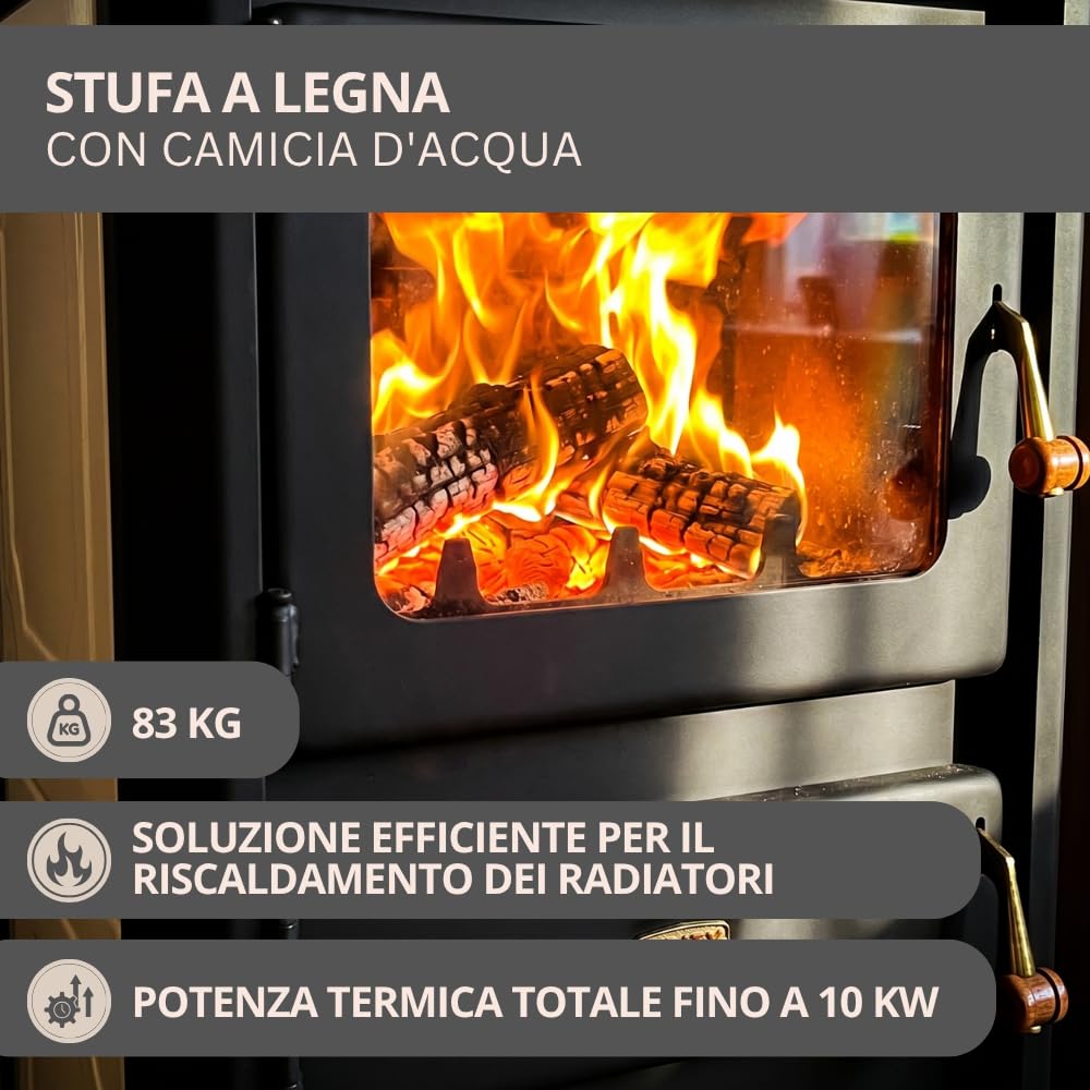 Stufa a legna Prity S2 W10 con rivestimento ad acqua, 10 kW, riscaldamento centralizzato, certificato CE, bruciatore a legna migliorato, conforme alla norma EN