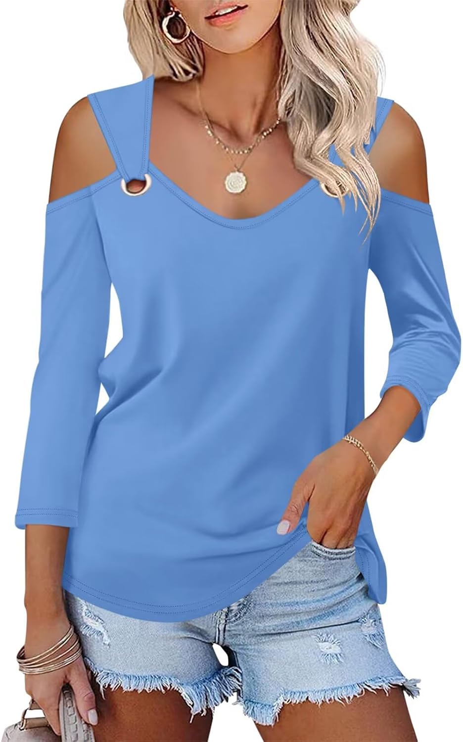 Minetom Women's V Neck 3/4 Sleeve Shirts Cold Shoulder Tops Basic Summer Tees