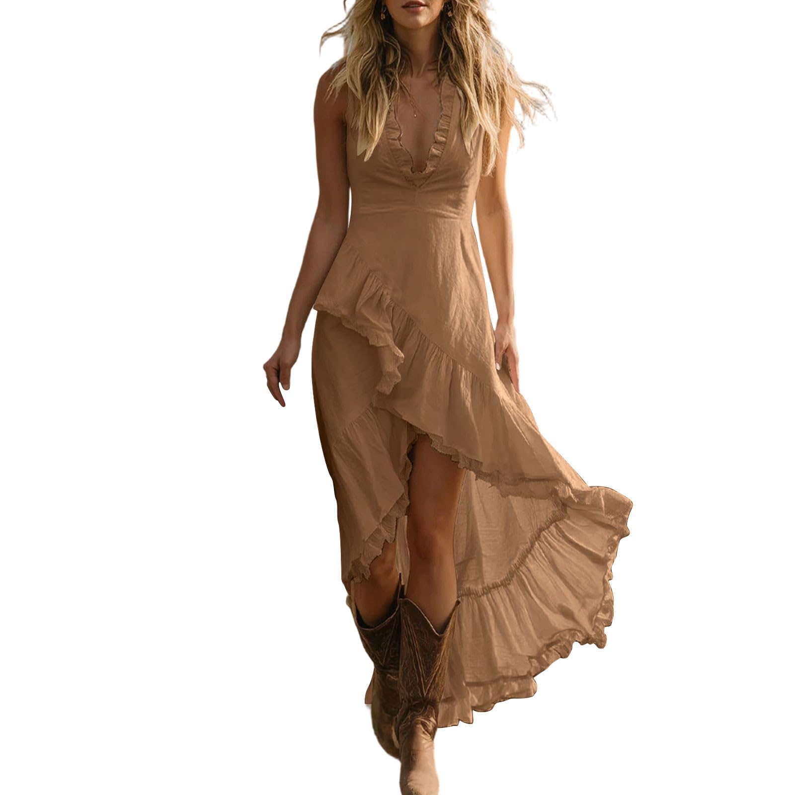 Generico Vestito Lungo Senza Maniche Estivo Donna Stile Boho Casual Collo a V con Volanti Gonna Asimmetrica a Balze Abito Bohémien Elegante per Vacanze Mare Matrimoni Estivi