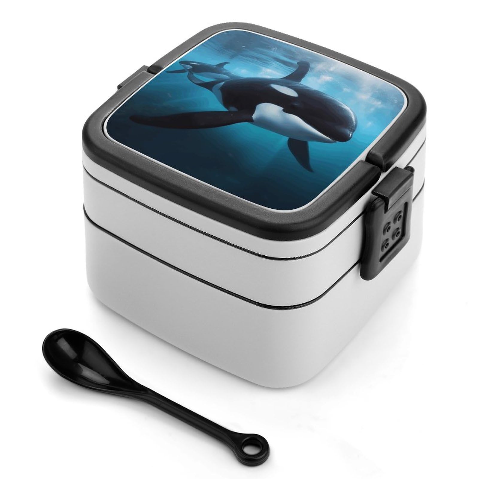 JTREHY Reusable Leakproof Bento Box,Killer Whale Printed 2 Layer Stackable Lunch Box with Spoon Portable Large Lunch Box for Dining Out, Work, Picnic, Travel