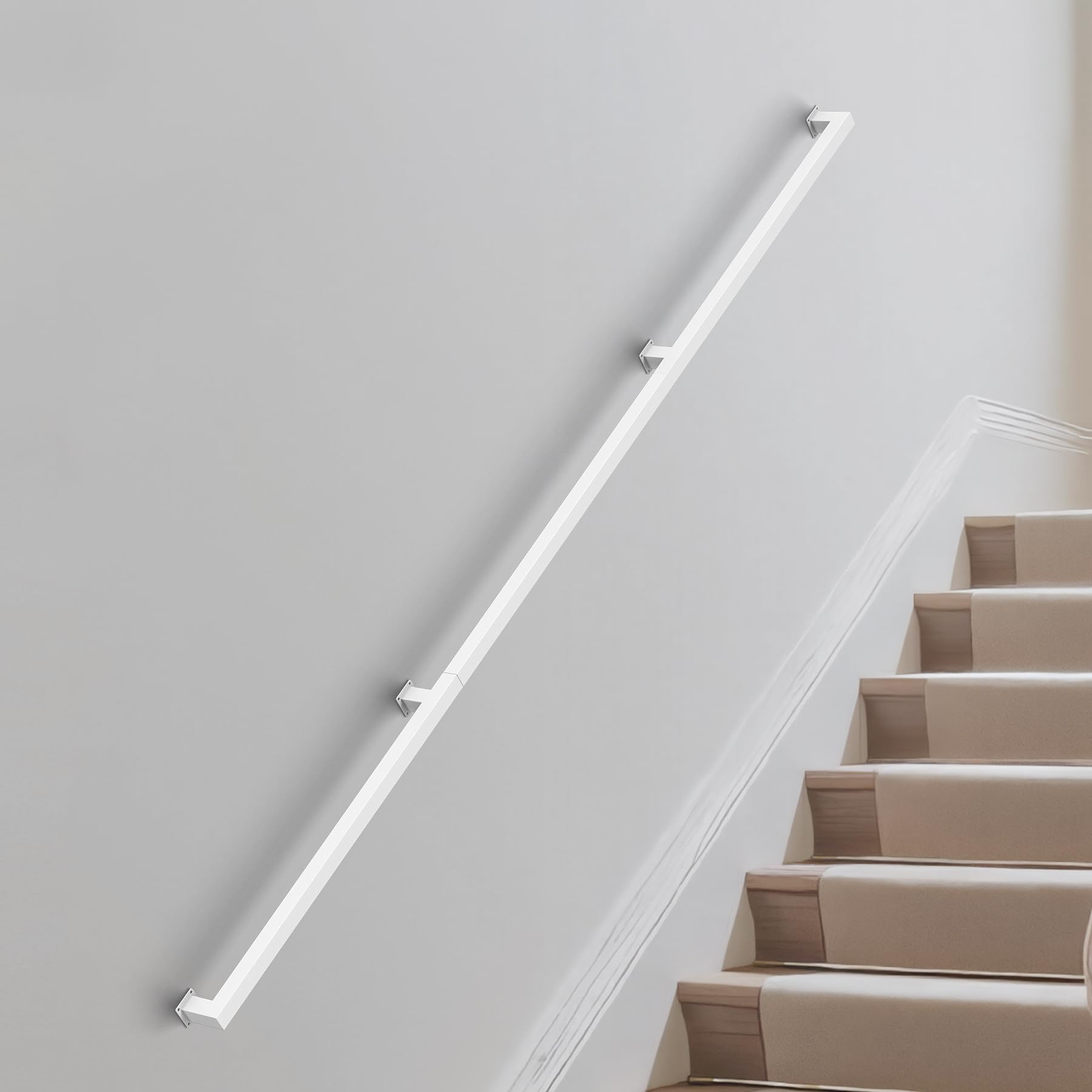 8FT Square Tube Handrail for Indoor Stairs,White Metal Stair Railing,Wall Mount Stair Railing,Morden Industrial Handrail,500lbs Load,Loft Porch Deck
