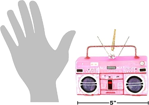 Miniatura 2 de The Bridge Collection Adorno retro de cristal Boombox Caja de pluma rosa de 5 pulgadas adorno de Navidad estéreo portátil Mini réplica de radio AM