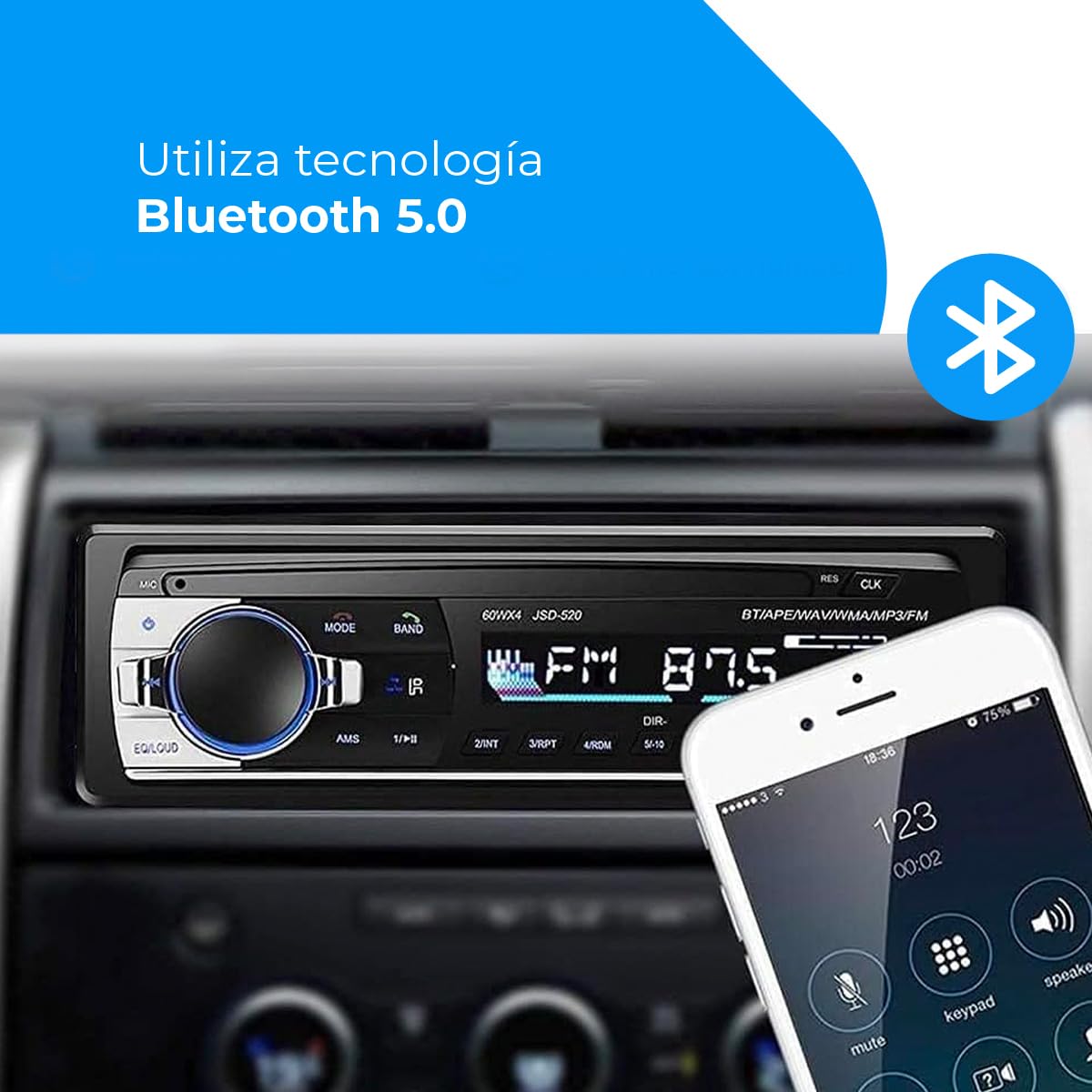 Radio samochodowe NK Auto - 1 DIN - 4x40W - Bluetooth 4.0, AUX, odtwarzacz MP3 i podwójny port USB, dźwięk stereo FM, zestaw głośnomówiący, pilot zdalnego sterowania, wyświetlacz LCD, iOS & Android