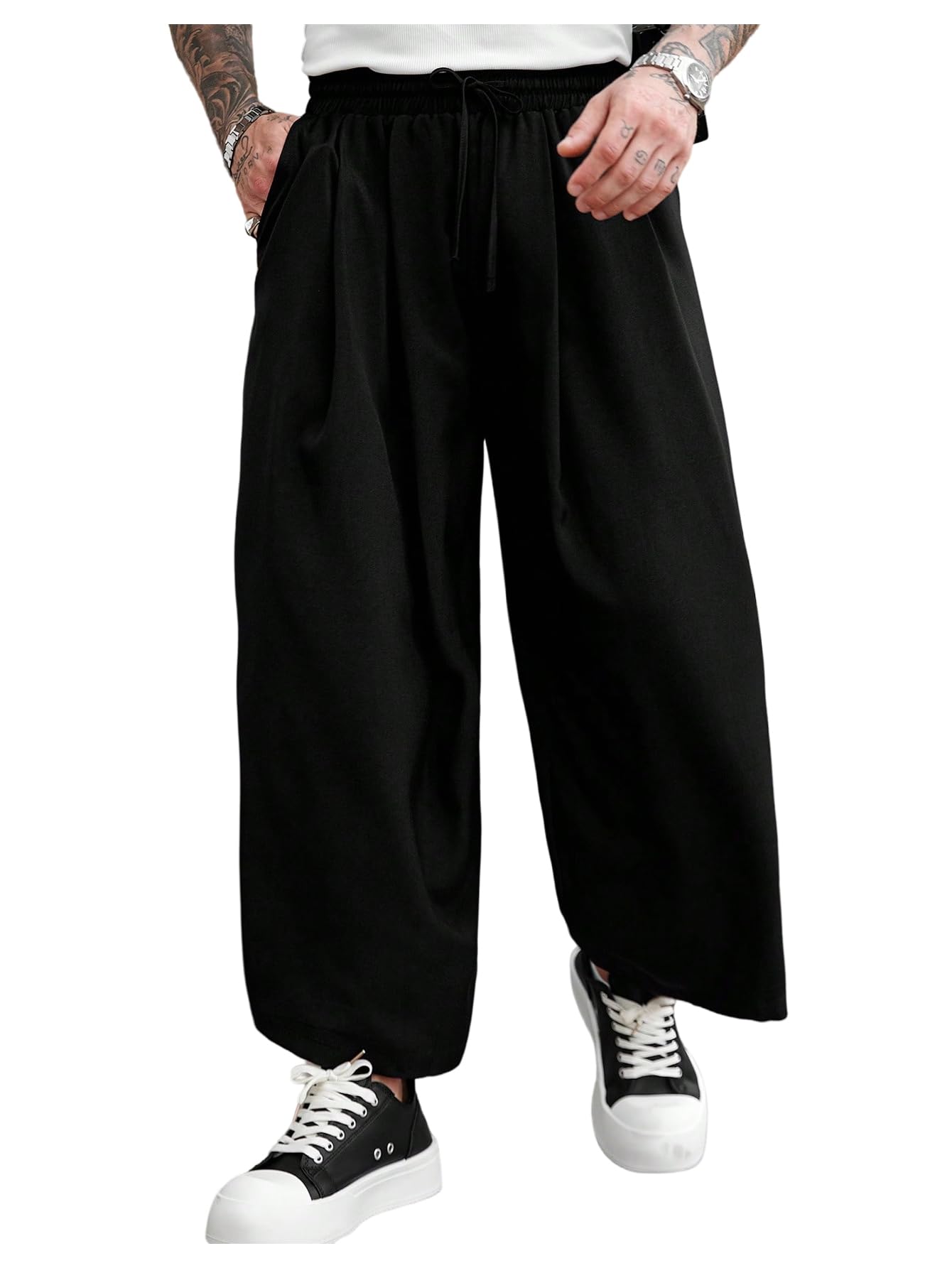 OYOANGLE Mens Solid Loose Fit Casual Pants Drawstring Elastic Waist Lightweight Pleated Trousers