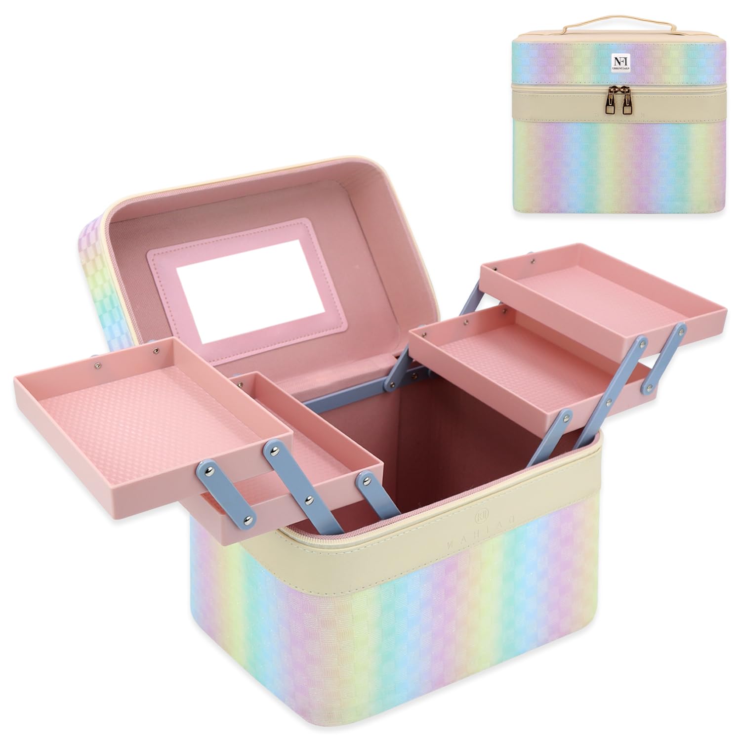 NFI essentials Pu Makeup Box With Mirror 4 Layer Foldable Tray, Cosmetic Organizer For Women, Vanity Bridal Trousseau Box,Pink-image-15