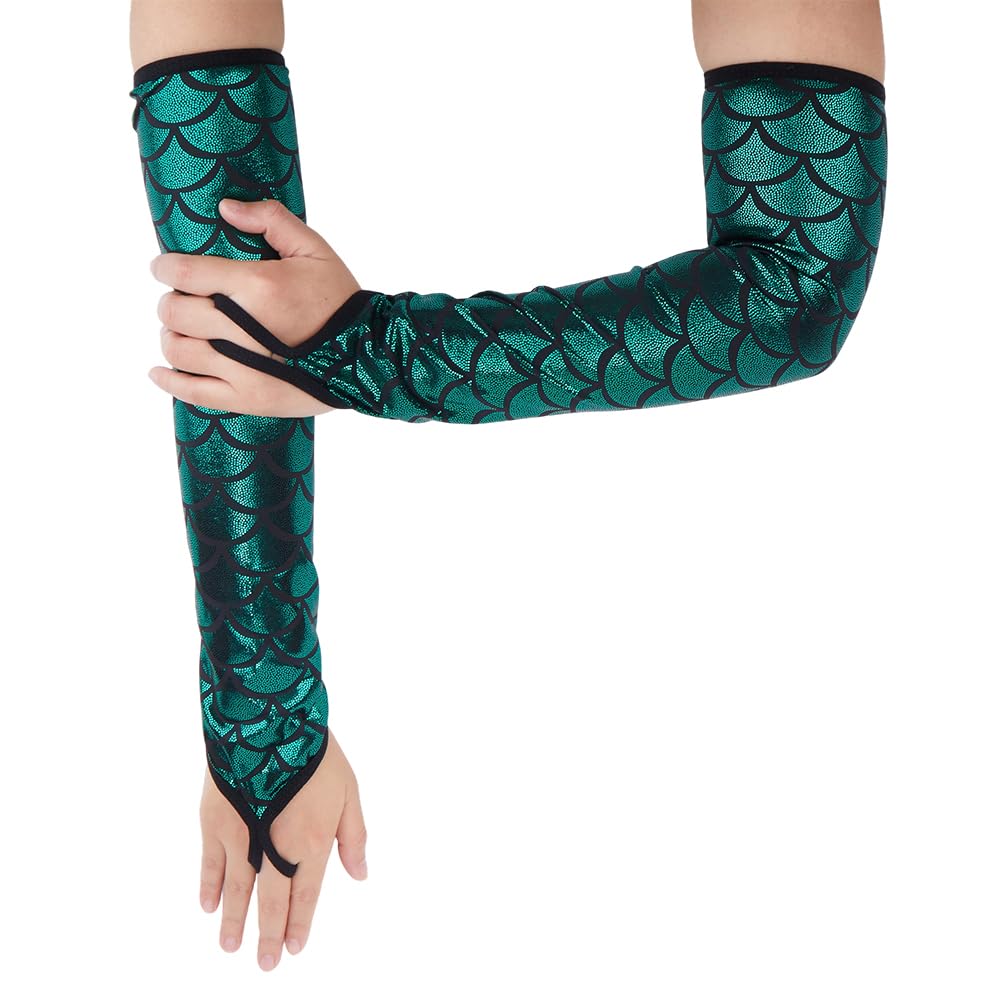 CABODYALS Green Fingerless Gloves Metallic Sparkly Mermaid Glove Summer Long shiny Glitter Fish Scale Arm Sleeves Stage Mittens for Women Cosplay Costume Rave Party Performance Birthday Accessory