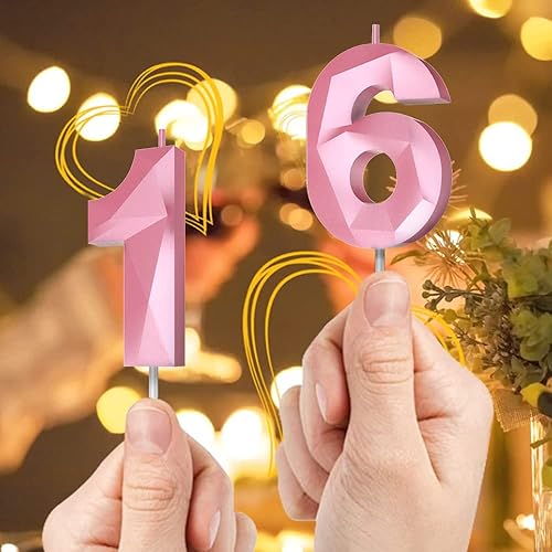 Miniatura 3 de Velas de cumpleaños con números (15 velas rosas) en forma de diamante 3D para decoración de pastel de cumpleaños número 15 para niñas y mujeres,