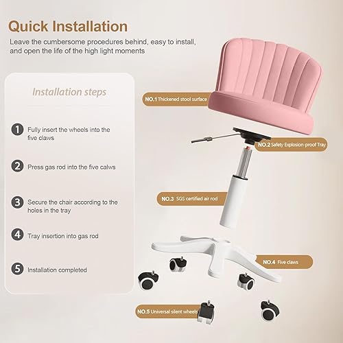 Miniatura 4 de Silla pequeña redonda de escritorio con ruedas, cómoda silla de tocador para computadora con respaldo bajo, piel sintética, altura ajustable,