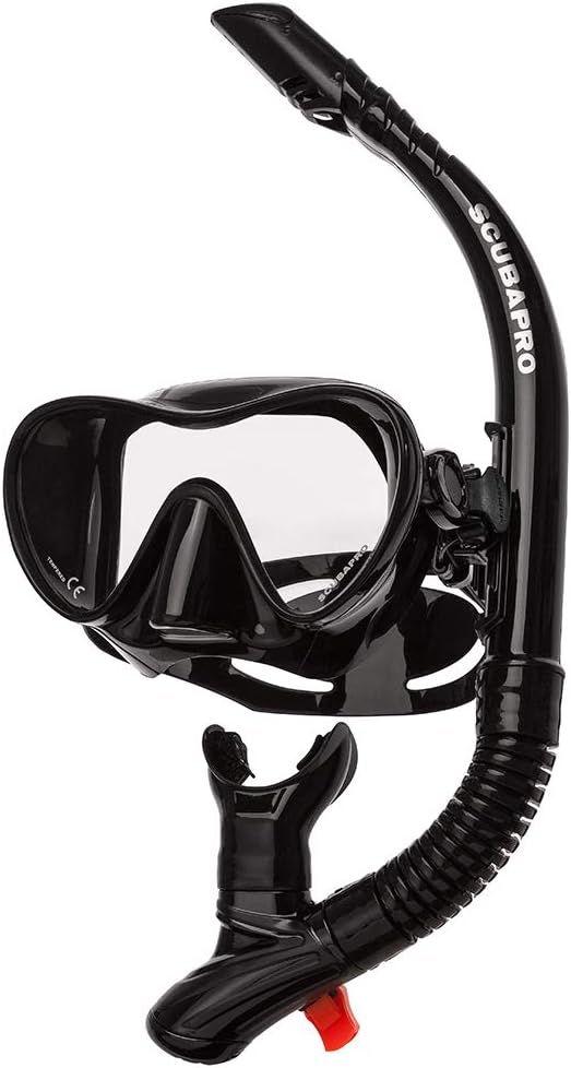 SCUBAPRO Trinidad Adult Scuba Mask and Snorkel Set with Frameless Single Lens, Snorkel Splashguard Top, and Purge Valve, Includes Whistle, Black