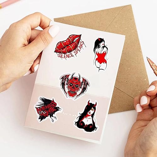 Miniatura 5 de Paquete de 50 calcomanías góticas geniales. Calcomanías de calavera de terror de Halloween para adultos, niñas, adolescentes y hombres. Calcomanías