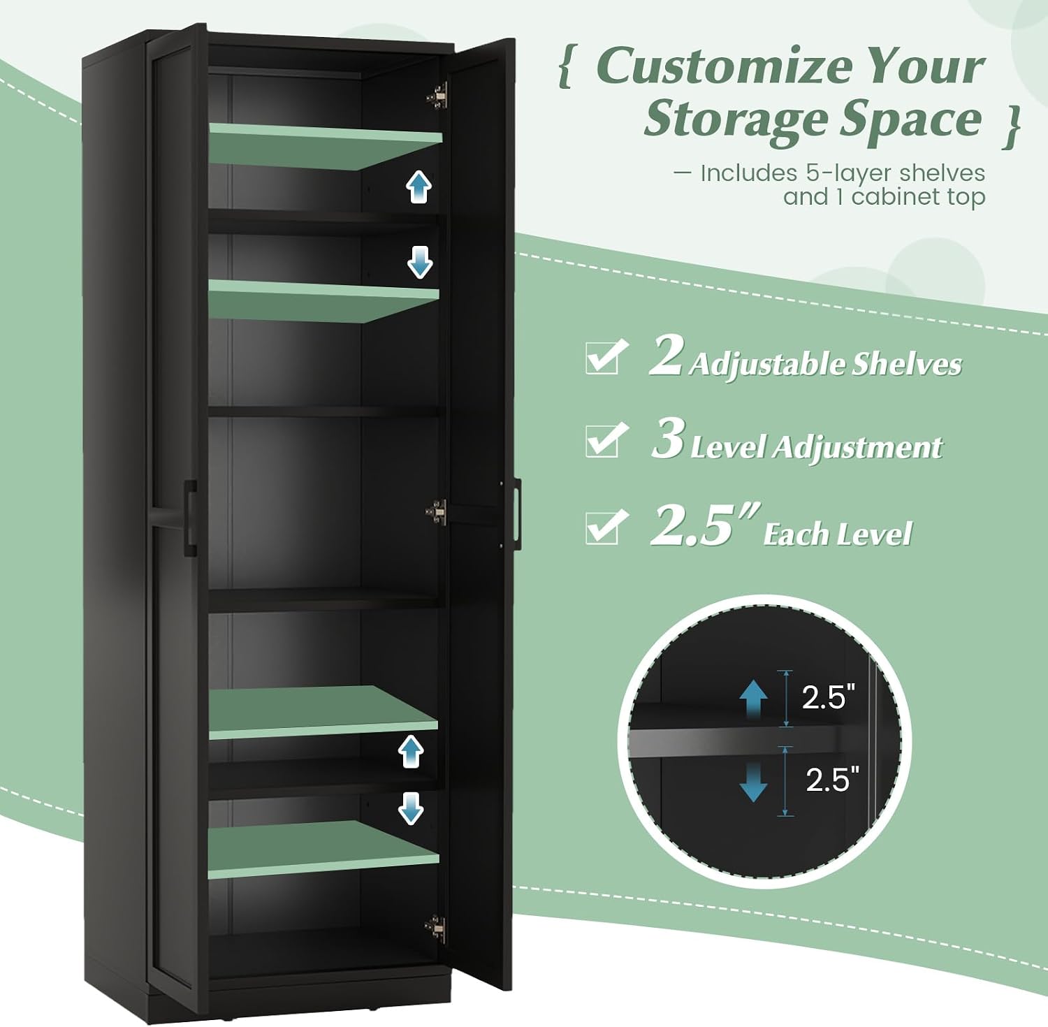 LOKO 70" Tall Black Pantry Cabinet, Kitchen Cupboard with 2 Doors & Adjustable Shelves, Modern Tall Storage Cabinet with Anti-toppling Device for Dining Room, Living Room or Laundry (Black)