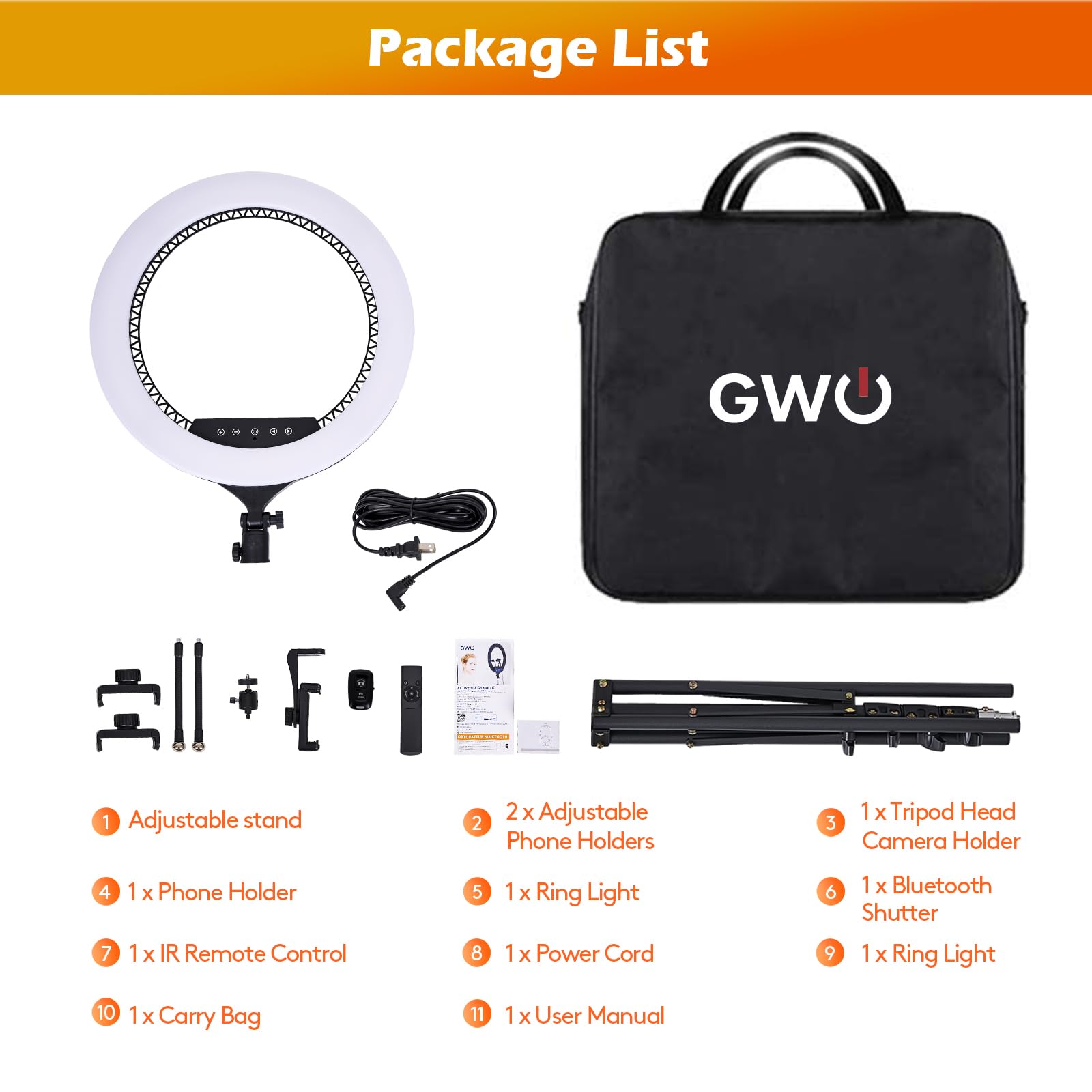 GWO Luce ad anello a LED da 45,7 cm con supporto per treppiede, 6000 K, dimmerabile, per selfie, trucco, con supporto per telefono con pannello touch, per registrazione video YouTube, con borsa per il