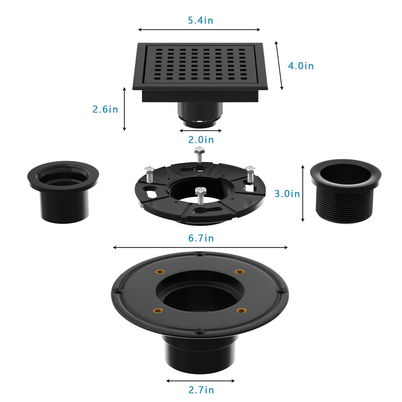 Jinzaaly 6 inch Square Shower Floor Drain with Flange, Food Grade SUS 304 Stainless Steel, Removable Square Grille,CUPC Certified(Matte Black)