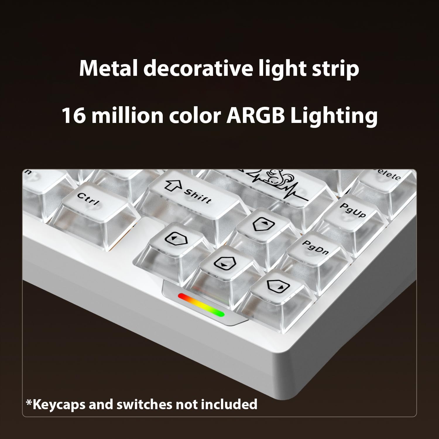 Close-up of the keyboard's RGB lighting, showing a metal decorative light strip and vibrant colors.