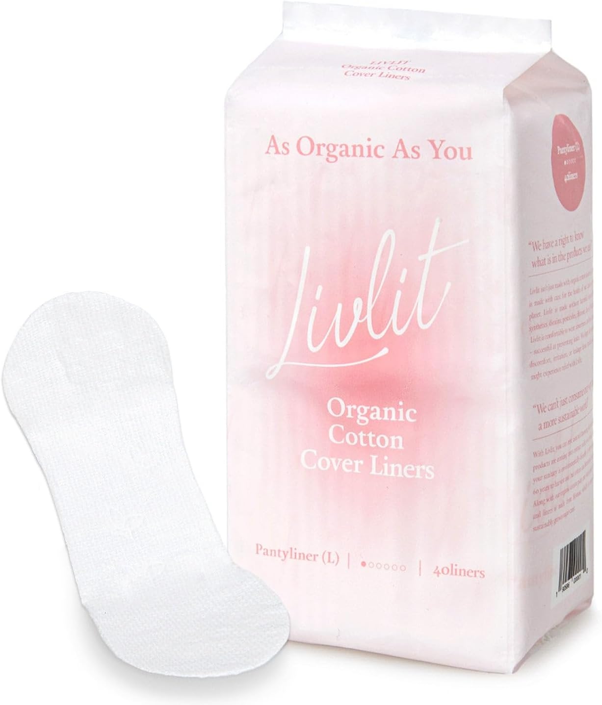 Livlit Ultra Thin Panty Liners Sanitary Pads, 100% Certified Organic Cotton from Texas, Light Absorbency, Chlorine Free, Unscented, Hypoallergenic Panty Liners for Women (40 Count)