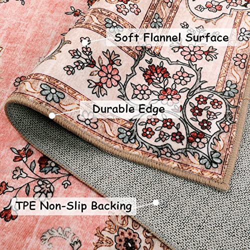 Lahome Persian Machine Washable 5X7 Area Rug,Soft Large Pink Boho Living Room Rug For Bedroom Girls Nursery Mat,Ultra-Thin Non-Slip Playroom Dining Carpet For Home Door Office Kid Room, Peach #TOP1