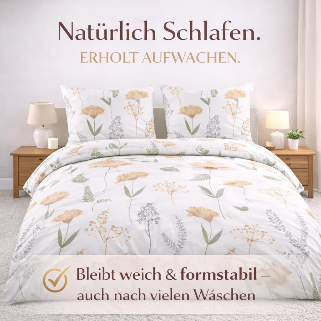 MALIKA Baumwolle Bettwäsche 135x200 4-teilig - 2X Bettbezug 135x200 & 2X Kissenbezug 80x80, Oeko-TEX geprüft, Bettwäsche Set mit Reißverschluss, Atmungsaktiv & Pflegeleicht, Natural Garden