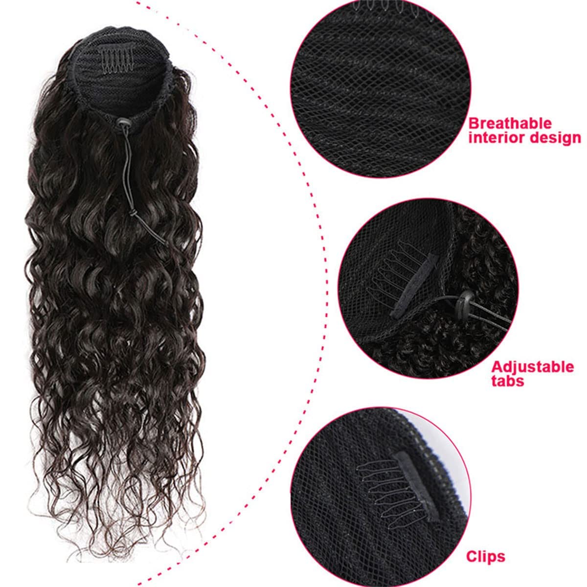 Drawstring Ponytail Water Wave Human Hair Clip in Hair Extension Curly Wave Natural Black 100% Brazilian Human Hair Ponytails Afro for Black Women Ponytail (16 Inches,115g)